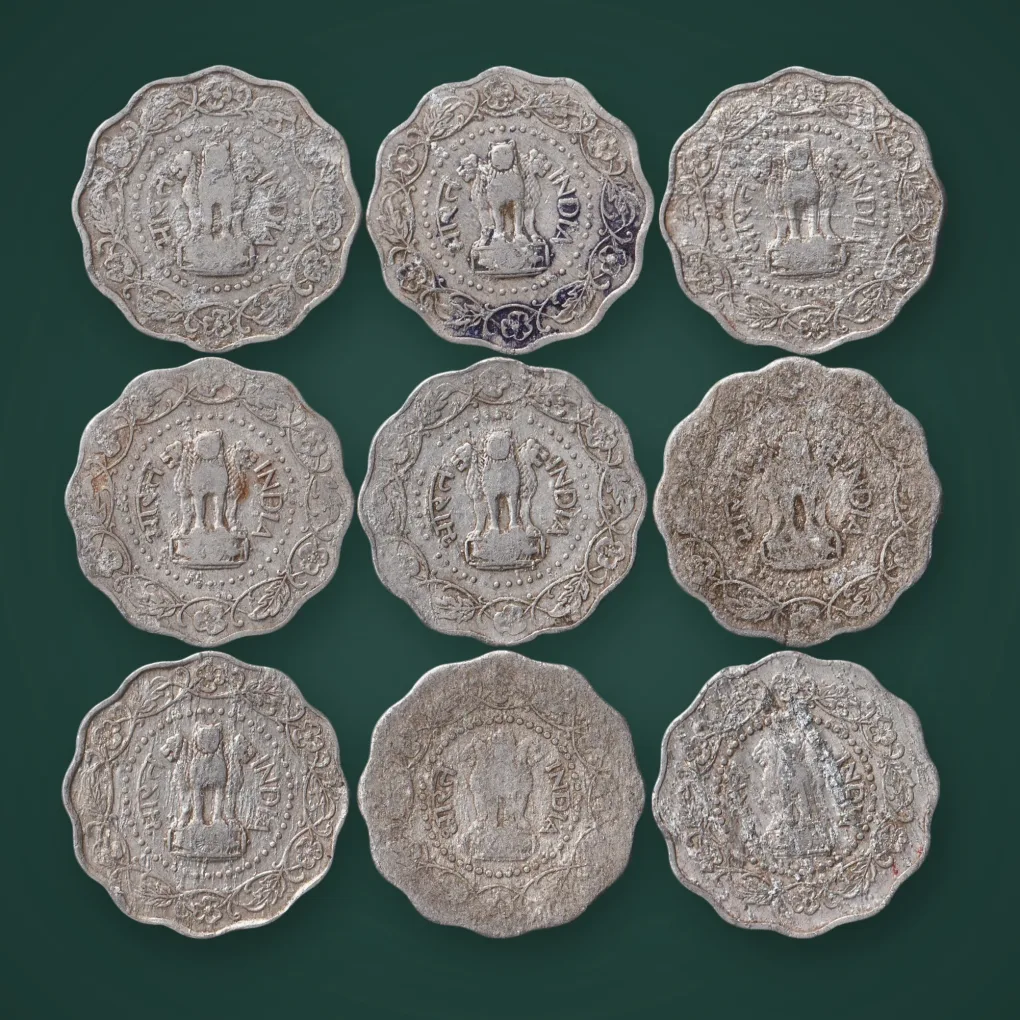 Rare 9 Coins Set of 10 Paise Date 1970-1981 Scalloped Aluminium Republic India Coin Same Set Given# A785