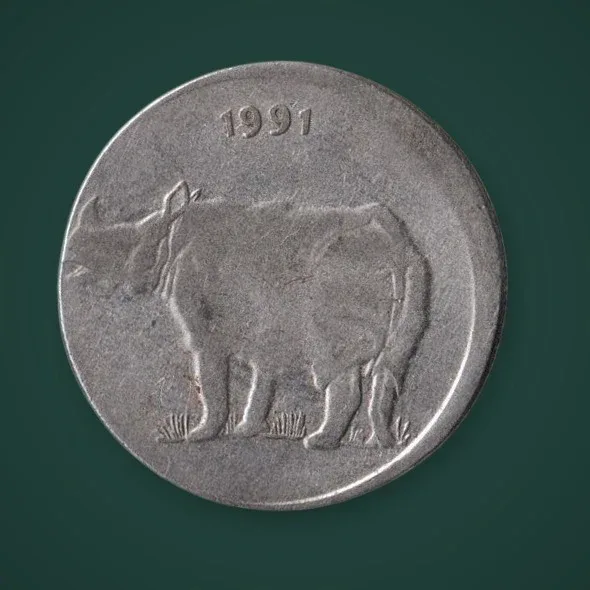 Rare 25 Paise 1991 Rhino Off-Centre Strike Error Republic India Calcutta Mint Coin # A796