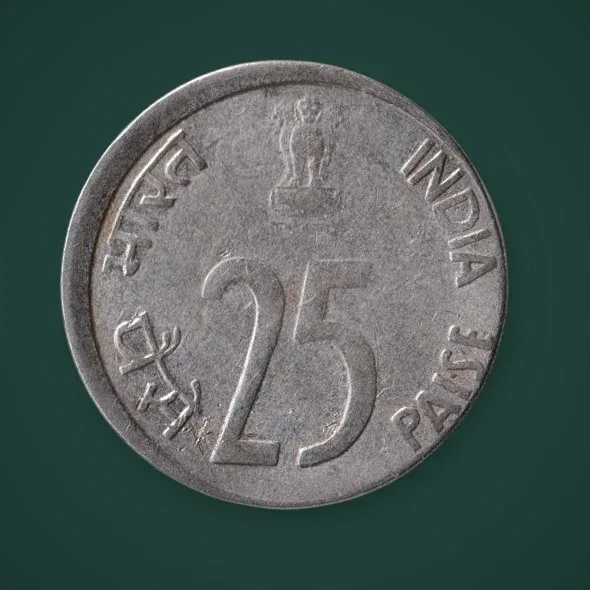 Rare 25 Paise 1991 Rhino Off-Centre Strike Error Republic India Calcutta Mint Coin # A796