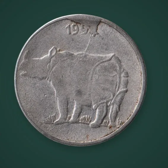 Rare 25 Paise 1994x Rhino Die Crack Cud Error over Date Republic India Coin # A797