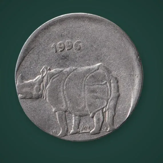Rare Massive Shifting Error 25 Paise 1996 Rhino Off-Centre Strike Error Republic India Coin # A798