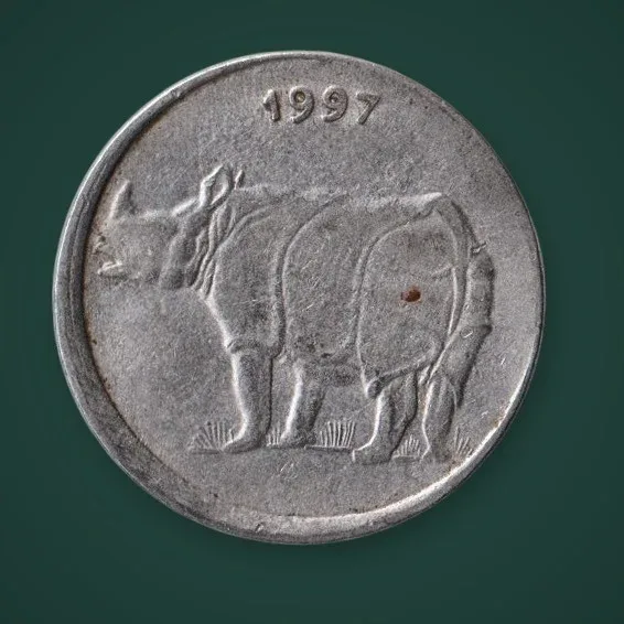 Rare Shifting Error 25 Paise 1997 Rhinoceros Republic India Calcutta Mint Coin # A800