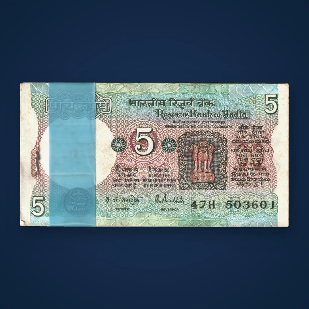 Rare 5 Rupee Tractor Note Bundle R.N. Malhotra Signature Serial Wise 100 Notes Packet Republic of India Stapled Packet Note # A816