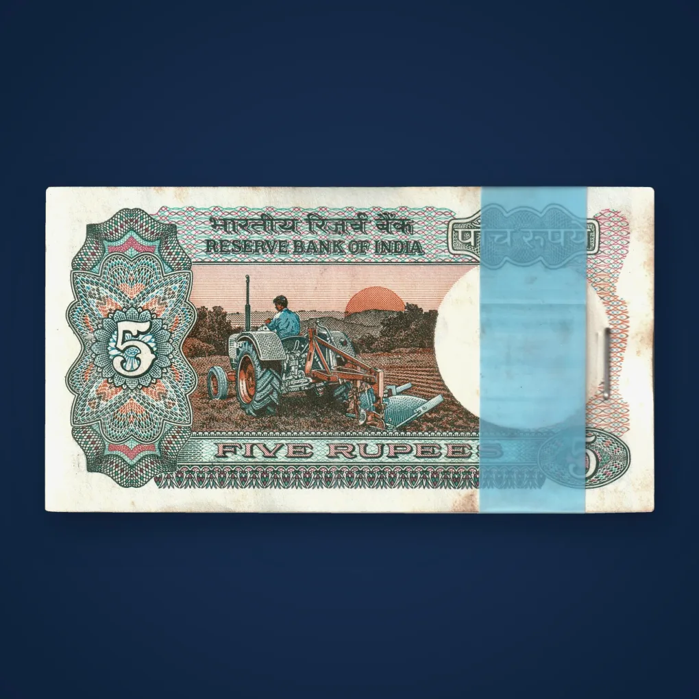 Rare 5 Rupee Tractor Note Bundle R.N. Malhotra Signature Serial Wise 100 Notes Packet Republic of India Stapled Packet Note # A816