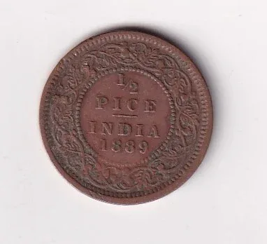 1889 British - India 1/2 Pice (Victoria) Calcutta Mint Rare Coin