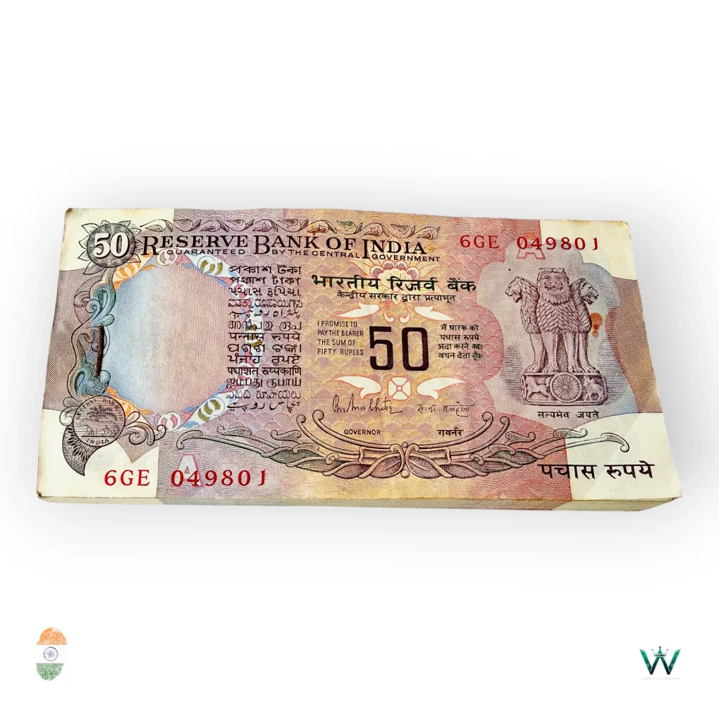 Rs 50 India Banknote Parliament Issue Gem Unc Serial Bundle Signed By R N Malhotra Unique and Rare
