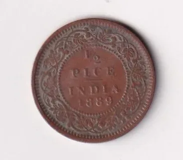 1889 British - India 1/2 Pice (Victoria) Calcutta Mint Rare Coin