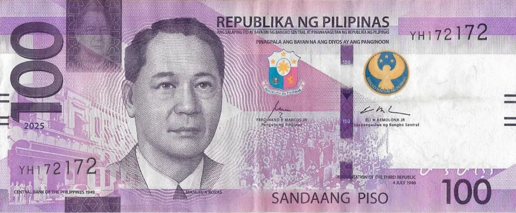 100 Piso of Pilipinas (AD 2025) with Front facing Manuel A. Roxas/Mayon Volcano in background, whale shark (Rhincodon typus)