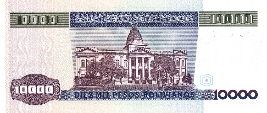 10,000 Pesos Bolivianos of Bolivia (AD 1984) with Portrait of Marshal Andres de Santa Cruz/Legislative palace Rare