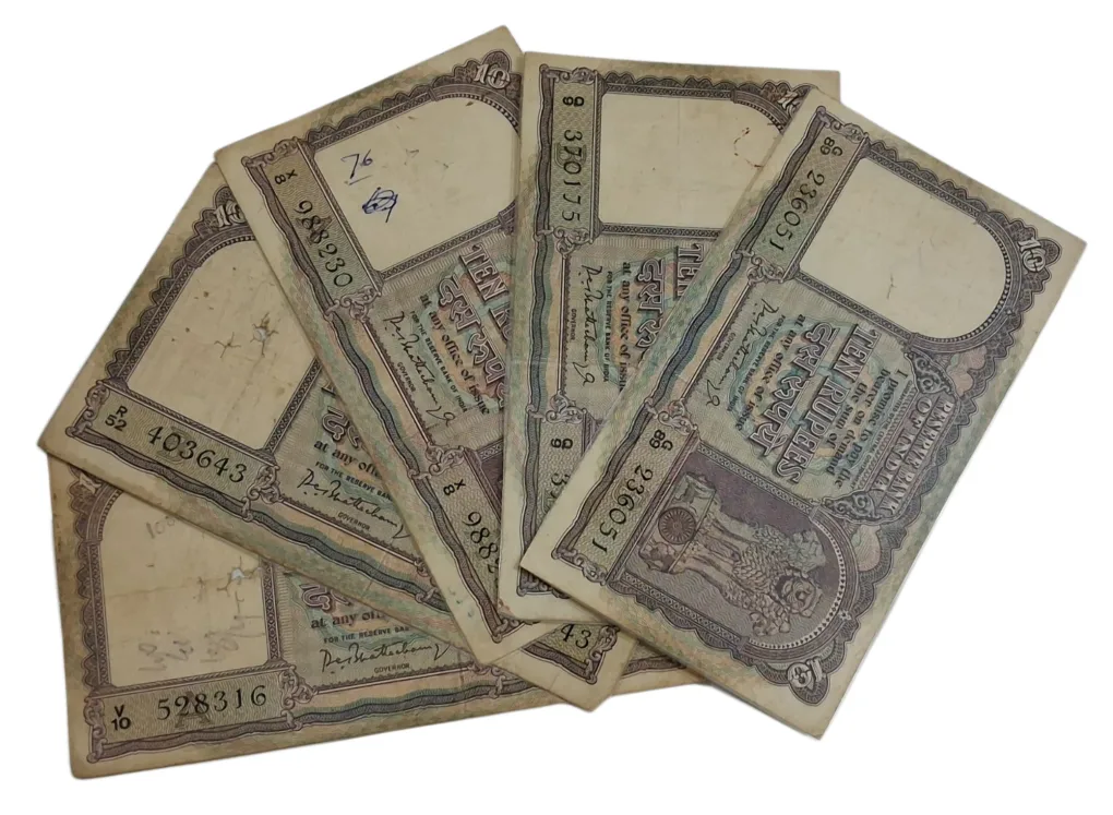 10 Rupees Big FAFRA Issue P.C BHATTACHARYA Mix Lot 5 Notes are in Collectable Grades but "ALL ARE LAMINATED" Notes