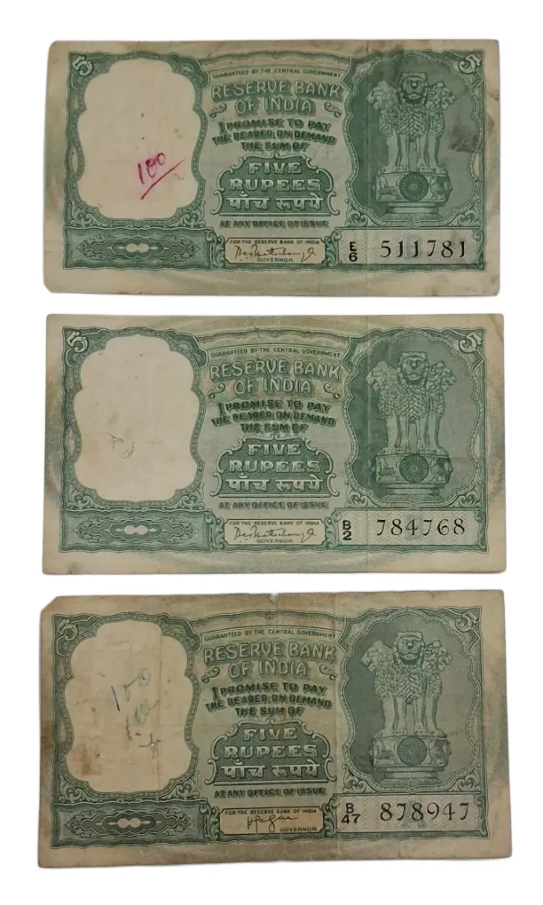 5 Rupees Big FAFRA Issue P.C BHATTACHARYA & H.V IYENGAR Mix Lot 3 Notes are in Collectable Grades but "ALL NOTES ARE LAMINATED" Notes.