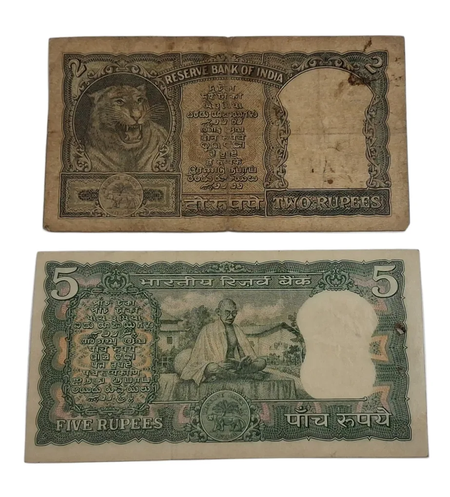 2 Rupees HALF TIGER Olive Green P.C BHATTACHARYA & 5 Rupees GHANDI AT BACK Commemorative L.K JHA Pair 2 Notes are in Collectable Grades but "BOTH NOTES ARE LAMINATED" Notes.
