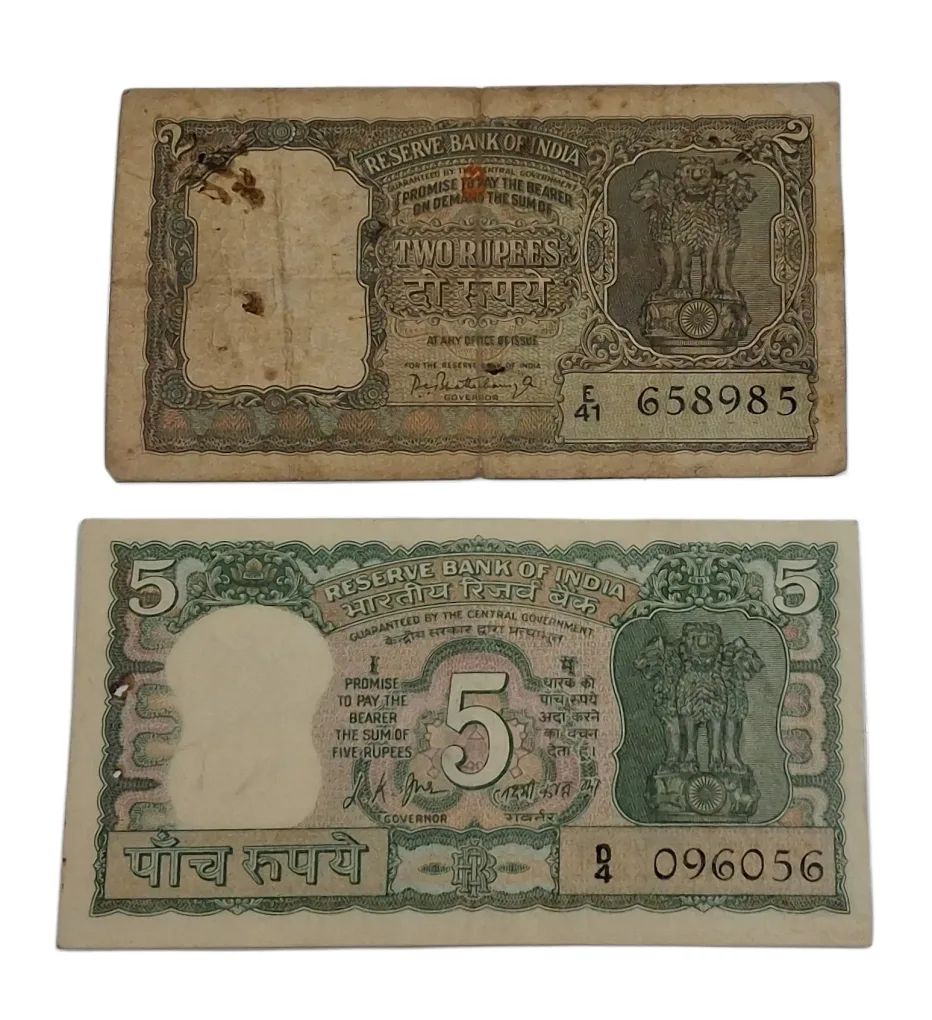 2 Rupees HALF TIGER Olive Green P.C BHATTACHARYA & 5 Rupees GHANDI AT BACK Commemorative L.K JHA Pair 2 Notes are in Collectable Grades but "BOTH NOTES ARE LAMINATED" Notes.