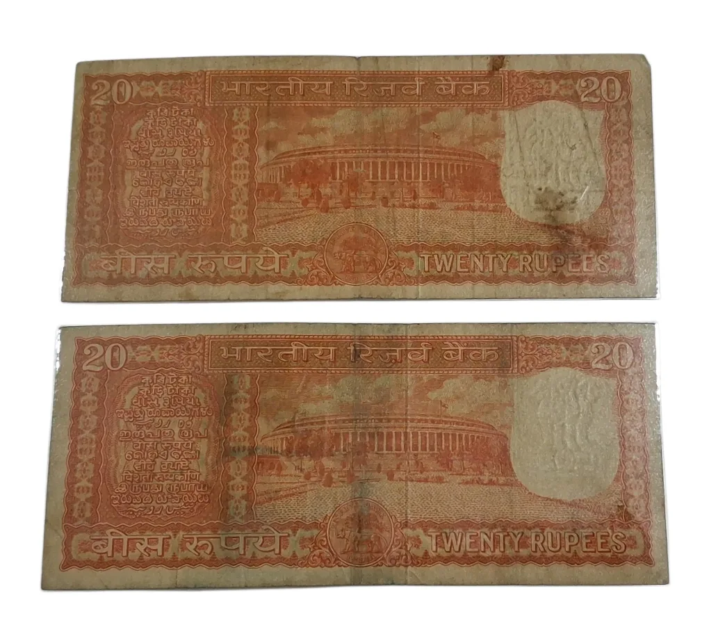 20 Rupees Old PARLIAMENT 1st Issue S. JAGANNATHAN Set 2 Notes **V. SCARE** Collectable Grades but "BOTH NOTES ARE LAMINATED" Notes.