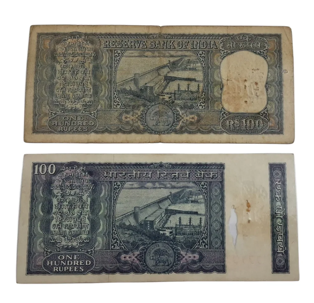 100 Rupees ORNAMENTAL Issue P.C BHATTACHARYA & DAM WHITE STRIPES Issue M. NARASIMHAN Set 2 Notes **SCARE** Collectable Grades but "BOTH NOTES ARE LAMINATED" Notes.