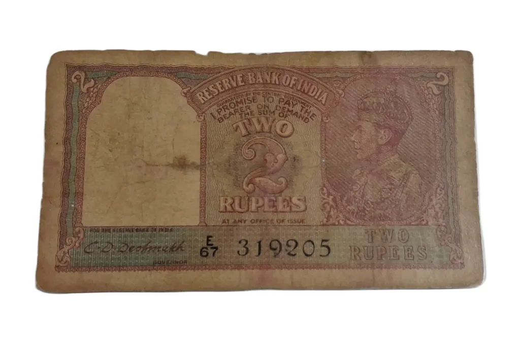 BRITISH INDIA 2 Rupees C.D DESHMUKH King GEORGE-VI **SCARE** Used Condition and "LAMINATED" Note.