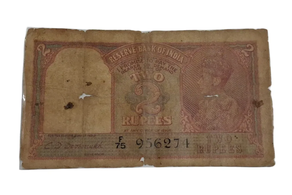 BRITISH INDIA 2 Rupees C.D DESHMUKH King GEORGE-VI **SCARE** Used Condition and "LAMINATED" Note.