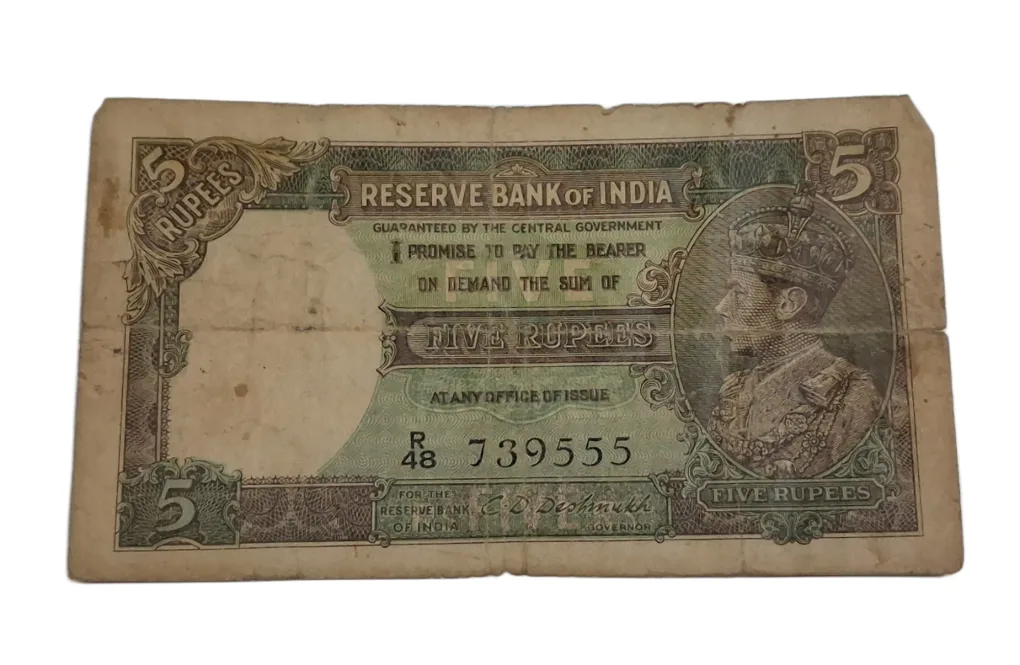 BRITISH INDIA 5 Rupees C.D DESHMUKH King GEORGE-VI **SCARE** Used Condition and "LAMINATED" Note.