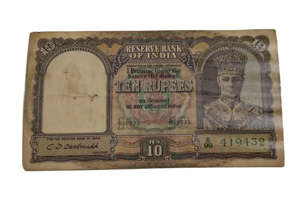 BRITISH INDIA 10 Rupees C.D DESHMUKH King GEORGE-VI in Collectable Grade but "LAMINATED" Note.