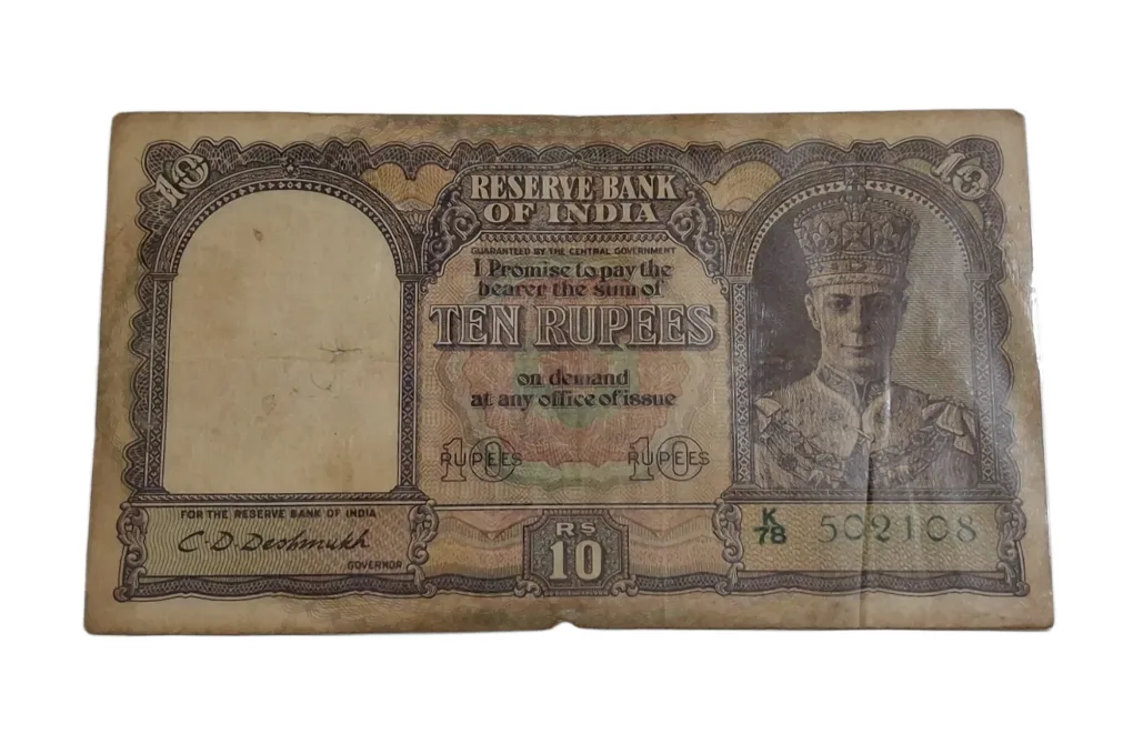 BRITISH INDIA 10 Rupees C.D DESHMUKH King GEORGE-VI with Ending 108 Serial Number in Collectable Grade but "LAMINATED" Note.