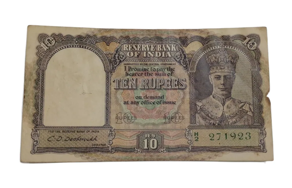 BRITISH INDIA 10 Rupees C.D DESHMUKH King GEORGE-VI in High Collectable Grade but "LAMINATED" Note.