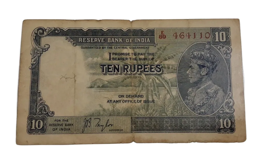 BRITISH INDIA Old Pattern 10 RUPEES King GEORGE-VI J.B TAYLOR **V.SCARE** Collectable Grade but "LAMINATED" Note.