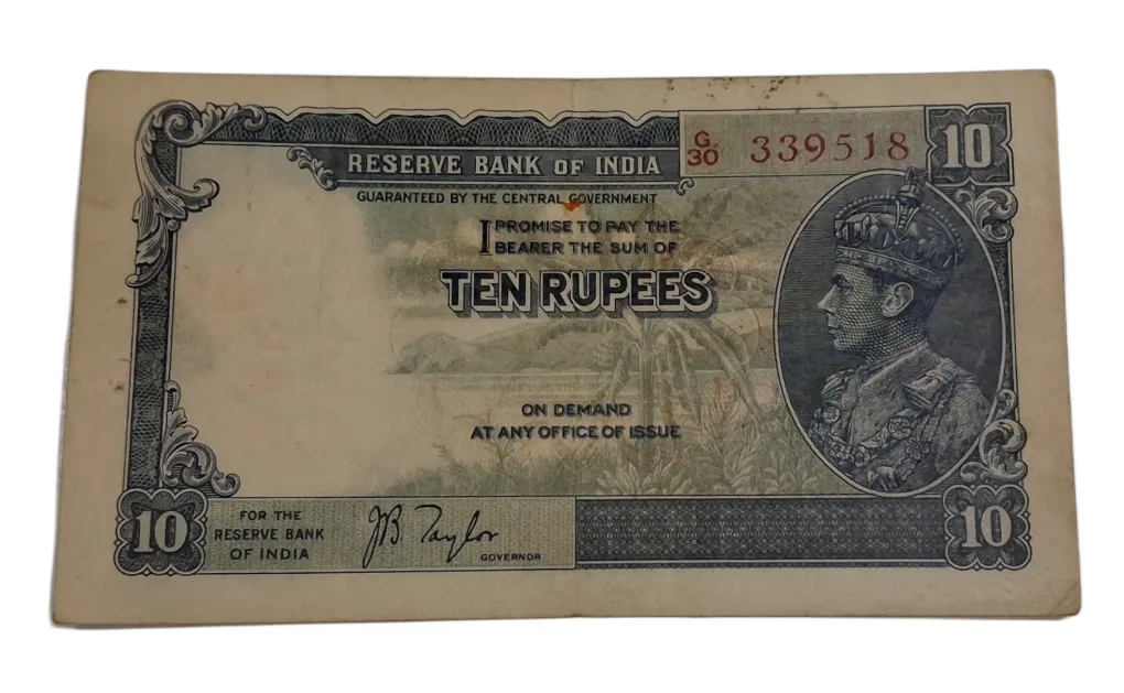 BRITISH INDIA Old Pattern 10 RUPEES King GEORGE-VI J.B TAYLOR **V.SCARE** High Collectable Grade but "LAMINATED" Note.