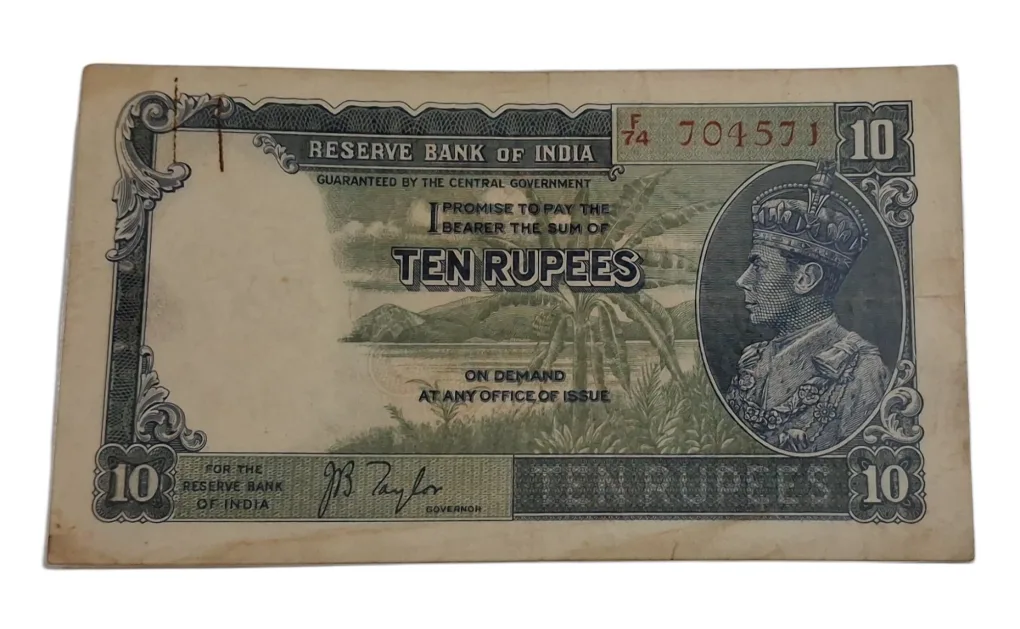 BRITISH INDIA Old Pattern 10 RUPEES King GEORGE-VI J.B TAYLOR **V.SCARE** High Collectable Grade but "LAMINATED" Note.