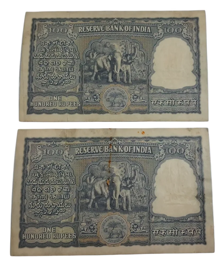 100 RUPEES Old Big Fafra ELEPHANT 🐘  Issue H.V IYENGAR Serially 2 Notes **V.RARE** High Crisp UNC Grades but "BOTH ARE LAMINATED" Notes.