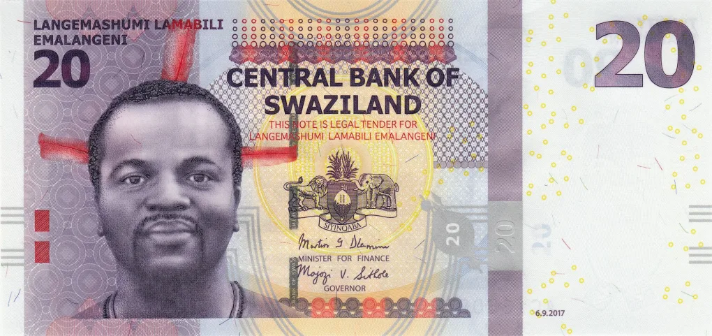 20 Emalangeni of Swaziland (AD 2017) with King Mswati III/Flower, corn, pineapple, zebu, refinery Rare