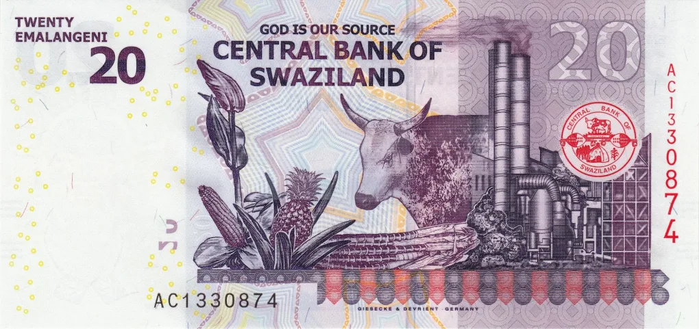 20 Emalangeni of Swaziland (AD 2017) with King Mswati III/Flower, corn, pineapple, zebu, refinery Rare