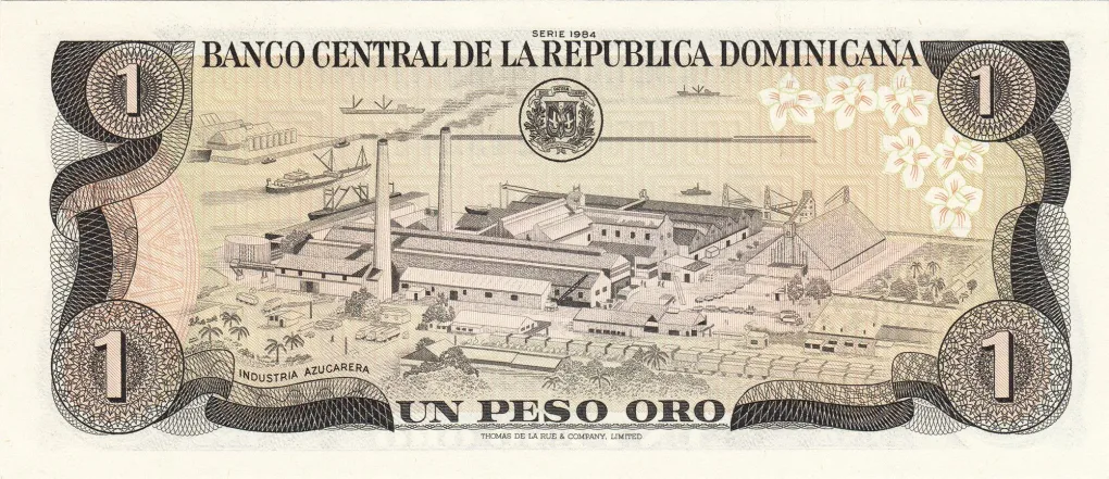 Old 1 Peso of Dominicana (AD 1988) with Portrait of Juan Pablo Duarte y Díez/Sugar refinery at Río Haina Rare