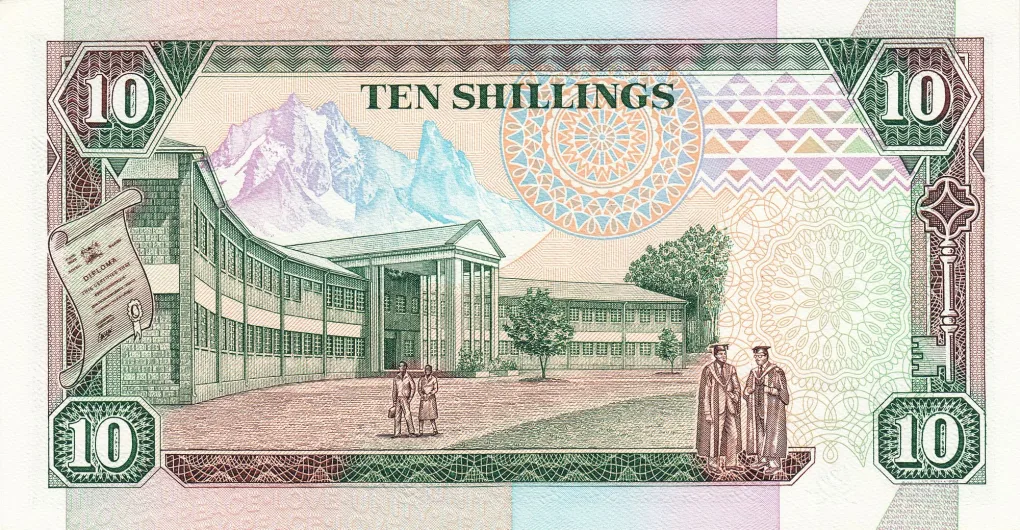Old 10 Shillings of Kenya (AD 1989-1994) with President Daniel Toroitich Arap Moi Facing/Kabarnet High School at centre with mountain in background