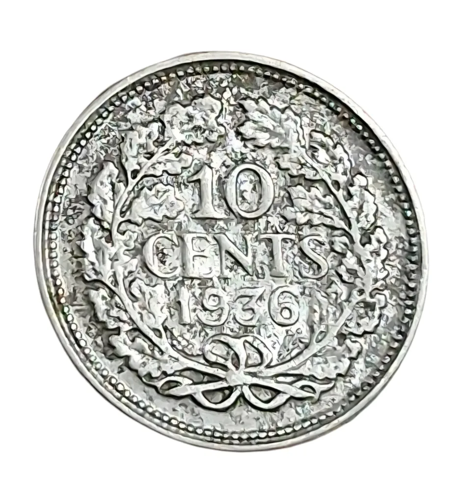 NETHERLANDS Silver 10 CENTS Year 1936 Queen  WIHELMINA KONINGIN Small Coinage in Collectable Grade.