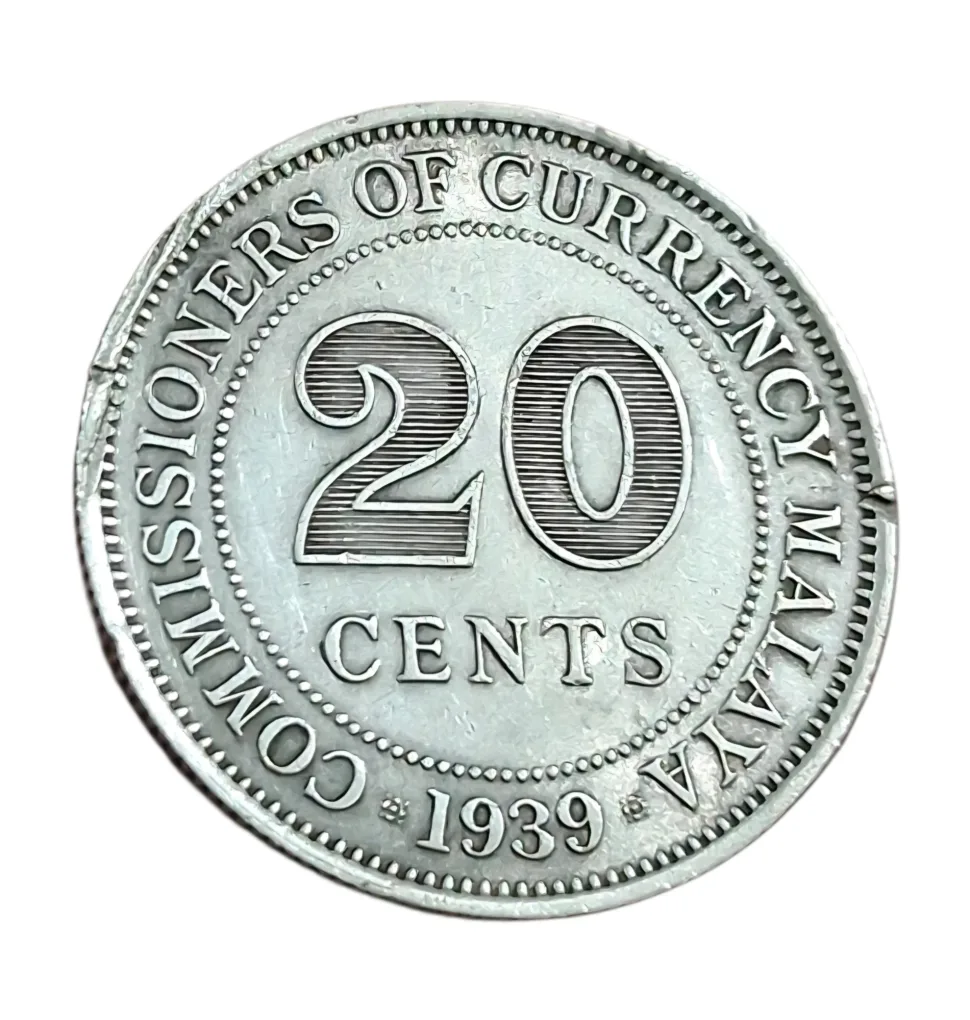 COMMISSIONERS OF CURRENCY "MALAYA" Silver 20 CENTS Year 1939 King GEORGE-VI in Collectable Grade.