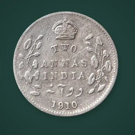 Rare 2 Annas 1910 King Edward VII Calcutta Mint British India Silver Coin # A823