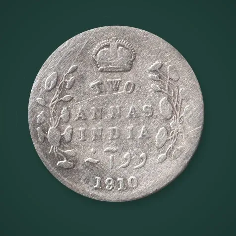 Rare 2 Annas 1910 King Edward VII Calcutta Mint British India Silver Coin # A824