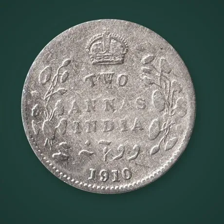 Rare 2 Annas 1910 King Edward VII Calcutta Mint British India Silver Coin # A825