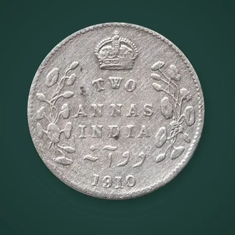 Rare 2 Annas 1910 King Edward VII Silver British India Coin # A826