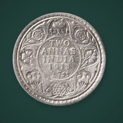 Rare 2 Annas 1913 King George V Silver Calcutta Mint British India Coin # A827