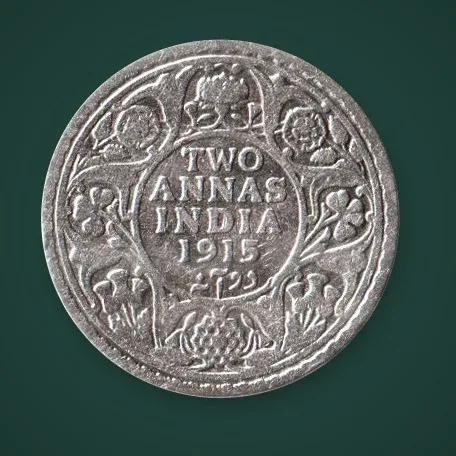Very Rare 2 Annas Key Date 1915 King George V Calcutta Mint Silver British India Coin # A828