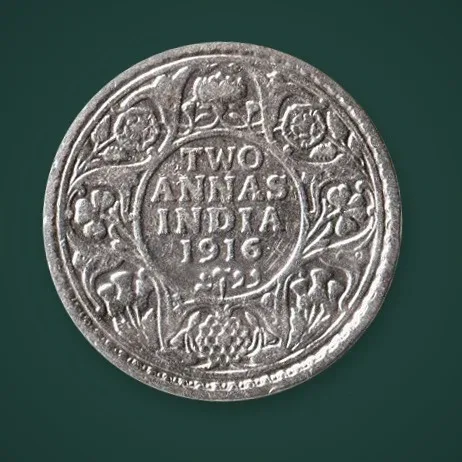 Rare 2 Annas 1916 King George V Silver British India Coin # A829