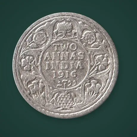 Rare 2 Annas 1916 King George V Calcutta Mint British India Silver Coin # A830