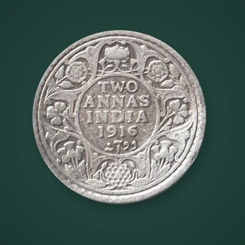 Rare 2 Annas 1916 King George V Calcutta Mint British India Silver Coin # A831