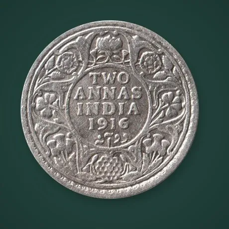 Rare 2 Annas 1916 King George V Silver Calcutta Mint British India Coin # A832
