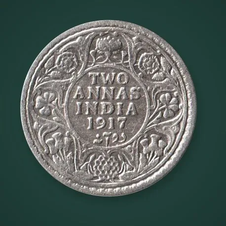 Rare 2 Annas 1917 King George V Calcutta Mint British India Silver Coin # A833