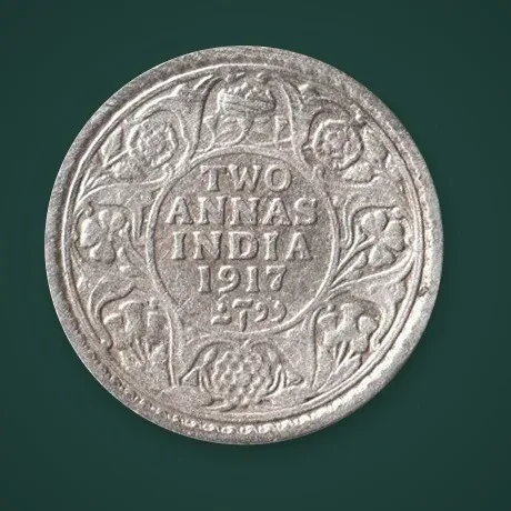 Rare 2 Annas 1917 King George V Calcutta Mint British India Silver Coin # A834