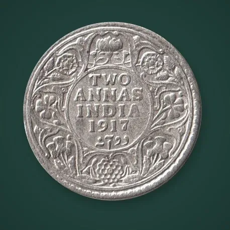 Rare 2 Annas 1917 King George V Calcutta Mint British India Silver Coin # A835