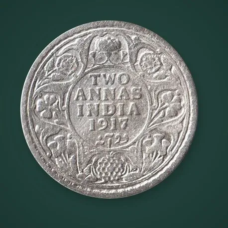 Rare 2 Annas 1917 King George V Silver Calcutta Mint British India Coin # A836