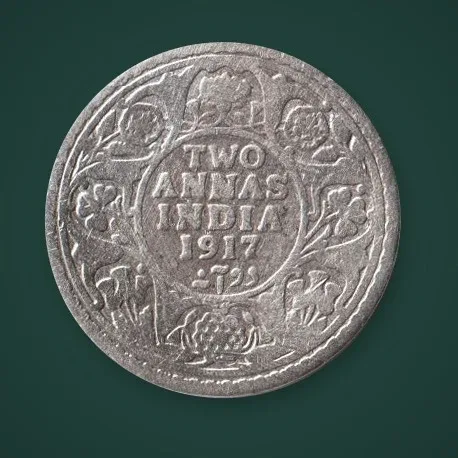 Rare 2 Annas 1917 King George V Silver British India Coin # A837